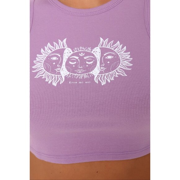 Fashion Nova ✦ Sun & Moon Ribbed Crop Tank ✦ Lavender White Celestial Graphic - Picture 4 of 5